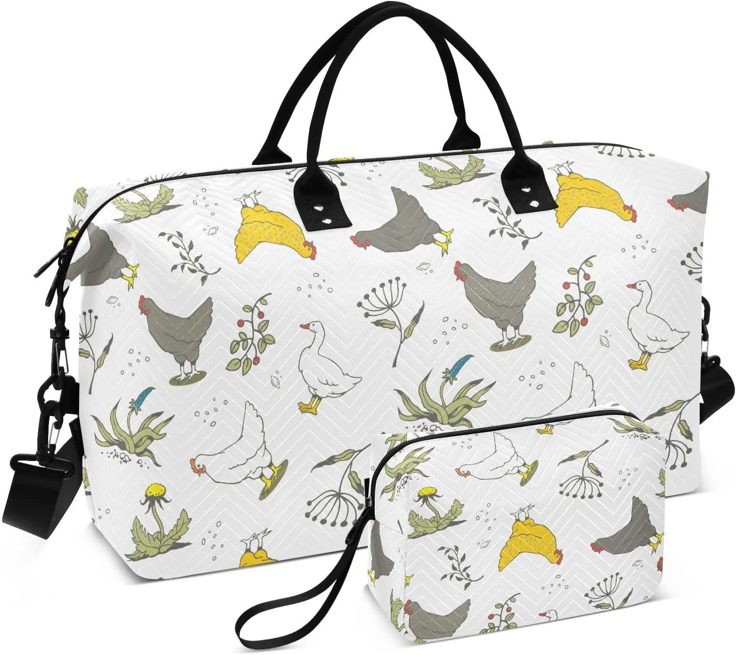 VIGTRO Travel Duffel Bag Weekender Overnight Bag with Toiletry Bag Floral Chicken Gooses Printed, Carry On Luggage Bag Herbs for Hospital Gym Travel Business, 2 Pcs Set