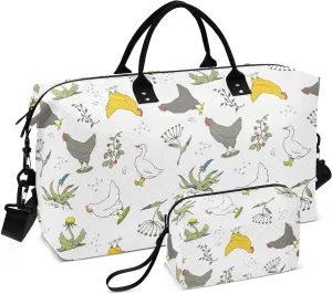 VIGTRO Travel Duffel Bag Weekender Overnight Bag with Toiletry Bag Floral Chicken Gooses Printed, Carry On Luggage Bag Herbs for Hospital Gym Travel Business, 2 Pcs Set