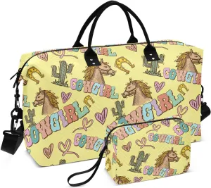 VIGTRO Travel Duffel Bag Weekender Overnight Bag with Toiletry Bag Fun Cowgirl Horse Printed, Carry On Luggage Bag West Wild Style for Hospital Gym Travel Business, 2 Pcs Set