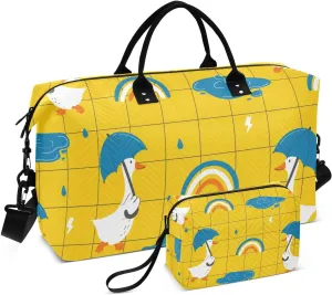 VIGTRO Travel Duffel Bag Weekender Overnight Bag with Toiletry Bag Funny Goose Umbrella Printed, Carry On Luggage Bag Rainbow for Hospital Gym Travel Business, 2 Pcs Set