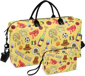 VIGTRO Travel Duffel Bag Weekender Overnight Bag with Toiletry Bag Italian Asian Cuisine Pattern Printed, Carry On Luggage Bag for Hospital Gym Travel Business, 2 Pcs Set