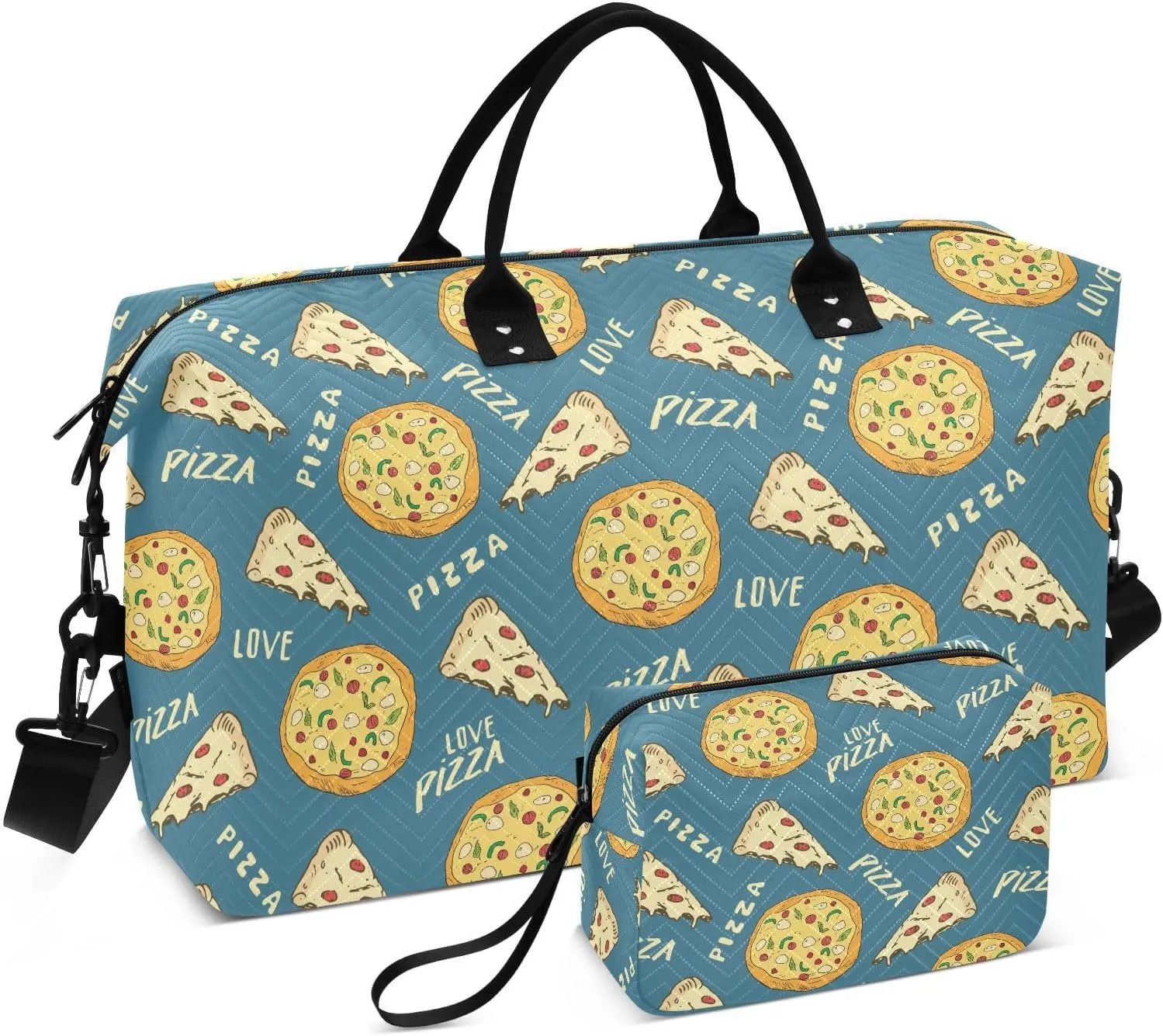 VIGTRO Travel Duffel Bag Weekender Overnight Bag with Toiletry Bag Pizza Sketch Printed, Carry On Luggage Bag Hand Drawn for Hospital Gym Travel Business, 2 Pcs Set