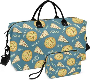 VIGTRO Travel Duffel Bag Weekender Overnight Bag with Toiletry Bag Pizza Sketch Printed, Carry On Luggage Bag Hand Drawn for Hospital Gym Travel Business, 2 Pcs Set