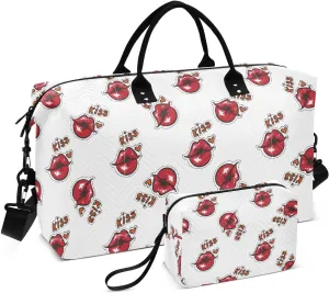 VIGTRO Travel Duffel Bag Weekender Overnight Bag with Toiletry Bag Red Lips Kiss Pattern Printed, Carry On Luggage Bag for Hospital Gym Travel Business, 2 Pcs Set