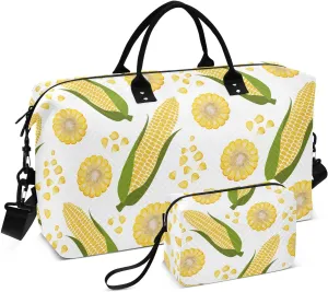 VIGTRO Travel Duffel Bag Weekender Overnight Bag with Toiletry Bag Ripe Corn Cobs Vegetables Printed, Carry On Luggage Bag for Hospital Gym Travel Business, 2 Pcs Set