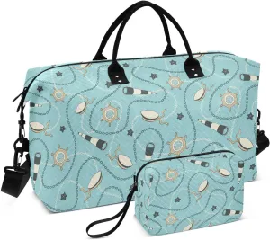 VIGTRO Travel Duffel Bag Weekender Overnight Bag with Toiletry Bag Sea Sailor Voyage Pattern Printed, Carry On Luggage Bag for Hospital Gym Travel Business, 2 Pcs Set