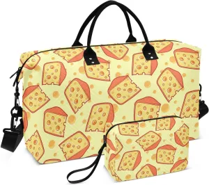 VIGTRO Travel Duffel Bag Weekender Overnight Bag with Toiletry Bag Slice Of Cheese Printed, Carry On Luggage Bag Yellow Background for Hospital Gym Travel Business, 2 Pcs Set
