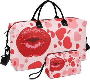 VIGTRO Travel Duffel Bag Weekender Overnight Bag with Toiletry Bag Valentines Love Lips Printed, Carry On Luggage Bag Kiss Mouth Heart for Hospital Gym Travel Business, 2 Pcs Set