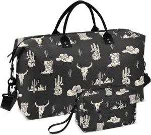 VIGTRO Travel Duffel Bag Weekender Overnight Bag with Toiletry Bag Western Theme Printed, Carry On Luggage Bag Boot for Hospital Gym Travel Business, 2 Pcs Set