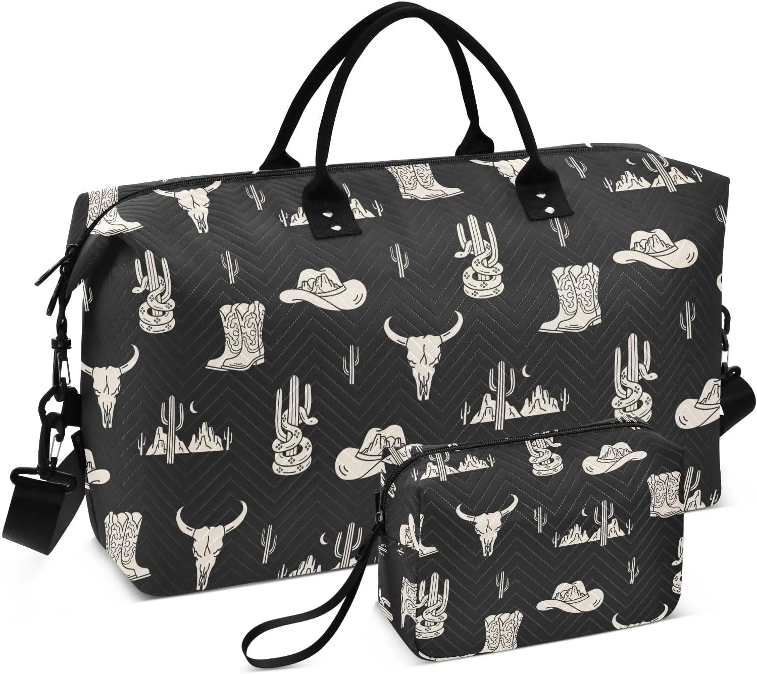 VIGTRO Travel Duffel Bag Weekender Overnight Bag with Toiletry Bag Western Theme Printed, Carry On Luggage Bag Boot for Hospital Gym Travel Business, 2 Pcs Set