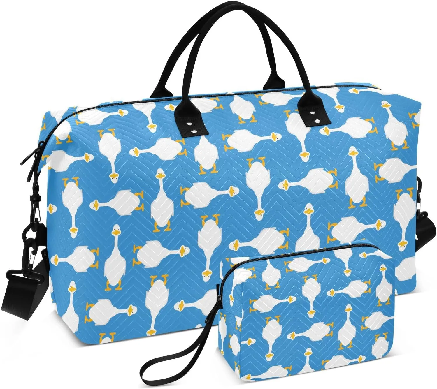 VIGTRO Travel Duffel Bag Weekender Overnight Bag with Toiletry Bag White Goose Pattern Seamless Printed, Carry On Luggage Bag for Hospital Gym Travel Business, 2 Pcs Set