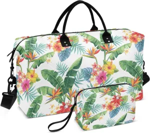 VIGTRO Weekender Bag Travel Duffle Bag for Women Men Tropic Palm Floral Printed, Overnight Bag for Gym Work with Toiletry Bag, Summer Watercolor 2 PCS Set