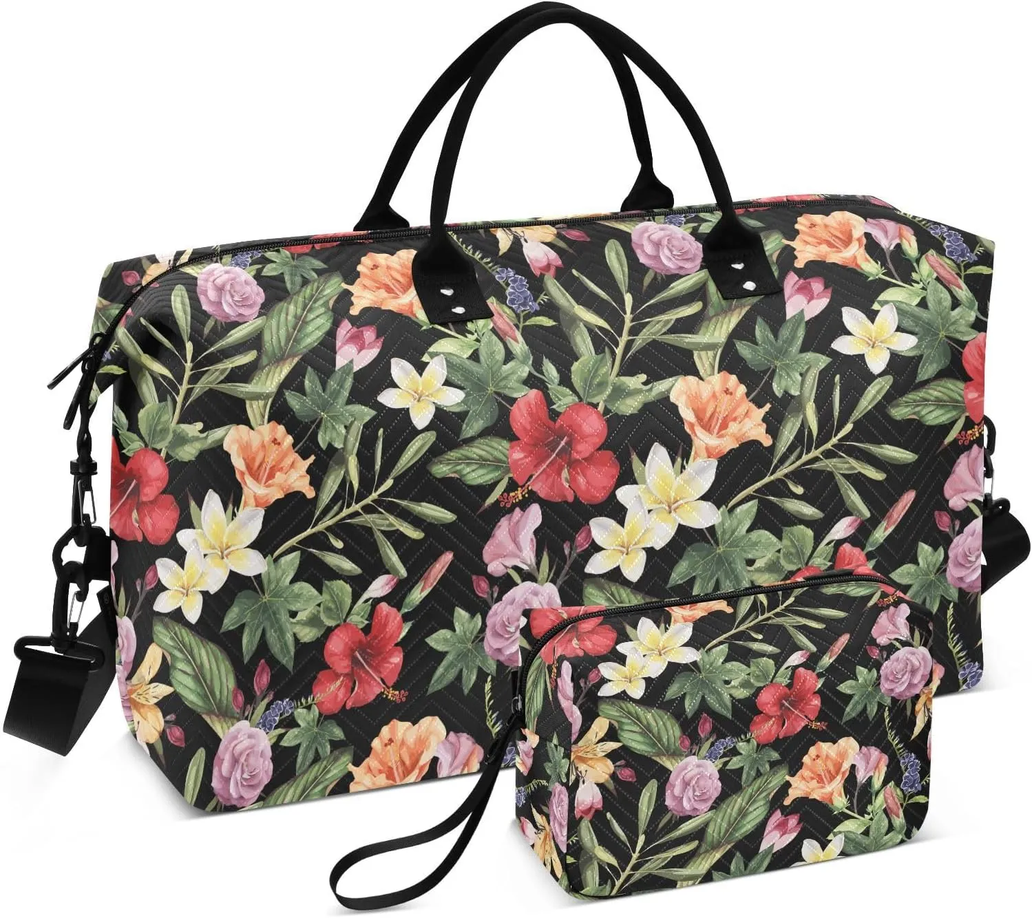 VIGTRO Weekender Bag Travel Duffle Bag for Women Men Tropic Watercolor Flower Printed, Overnight Bag for Gym Work with Toiletry Bag, Summer Palm 2 PCS Set