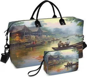 Village River Vintage Sports Gym Bag for Women Men Travel Duffel Bag Weekend Overnight Carry on Bag with Toiletry Bag Training Handbag for Workout Swimming Yoga Plane Hospital