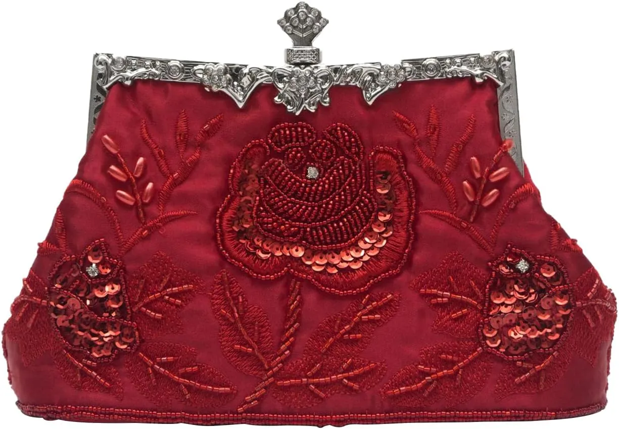 Vintage 1920s Beaded Evening Bag Pearl Clutch Bag for Women Sequin Handbag Bridal Wedding Purse Floral Shoulder Bag