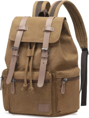 Vintage Canvas Backpack for Men & Women, Durable Casual Daypack with Leather Accent, Fits for College, Work, Travel, & Outdoor, Brown