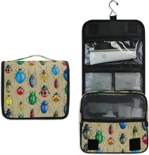 Vintage Retro Style Multicolor Beetles on Brown Hanging Wash Gargle Toiletry Bag Travel Cosmetic Makeup Case Organizer Storage Large Portable