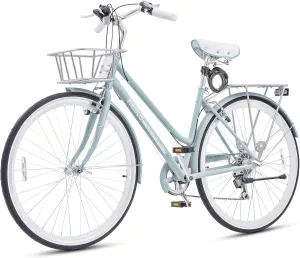 Viribus 700C Womens Hybrid Bike, Lightweight 7 Speed Bicycle for Women with Basket & Rack, 28 inch Retro Step Through Hybrid Bicycle for City Commuter Female Ladies