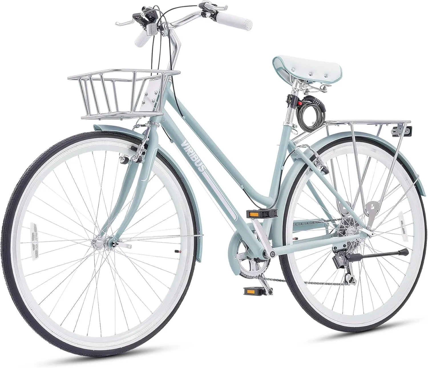 Viribus 700C Womens Hybrid Bike, Lightweight 7 Speed Bicycle for Women with Basket & Rack, 28 inch Retro Step Through Hybrid Bicycle for City Commuter Female Ladies