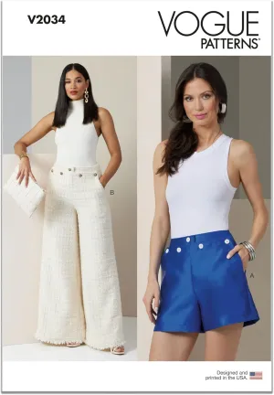 Vogue V2034B5 Misses' Sailor Style Shorts and Pants Sewing Pattern Packet, Design Code V2034, Sizes 8-10-12-14-16