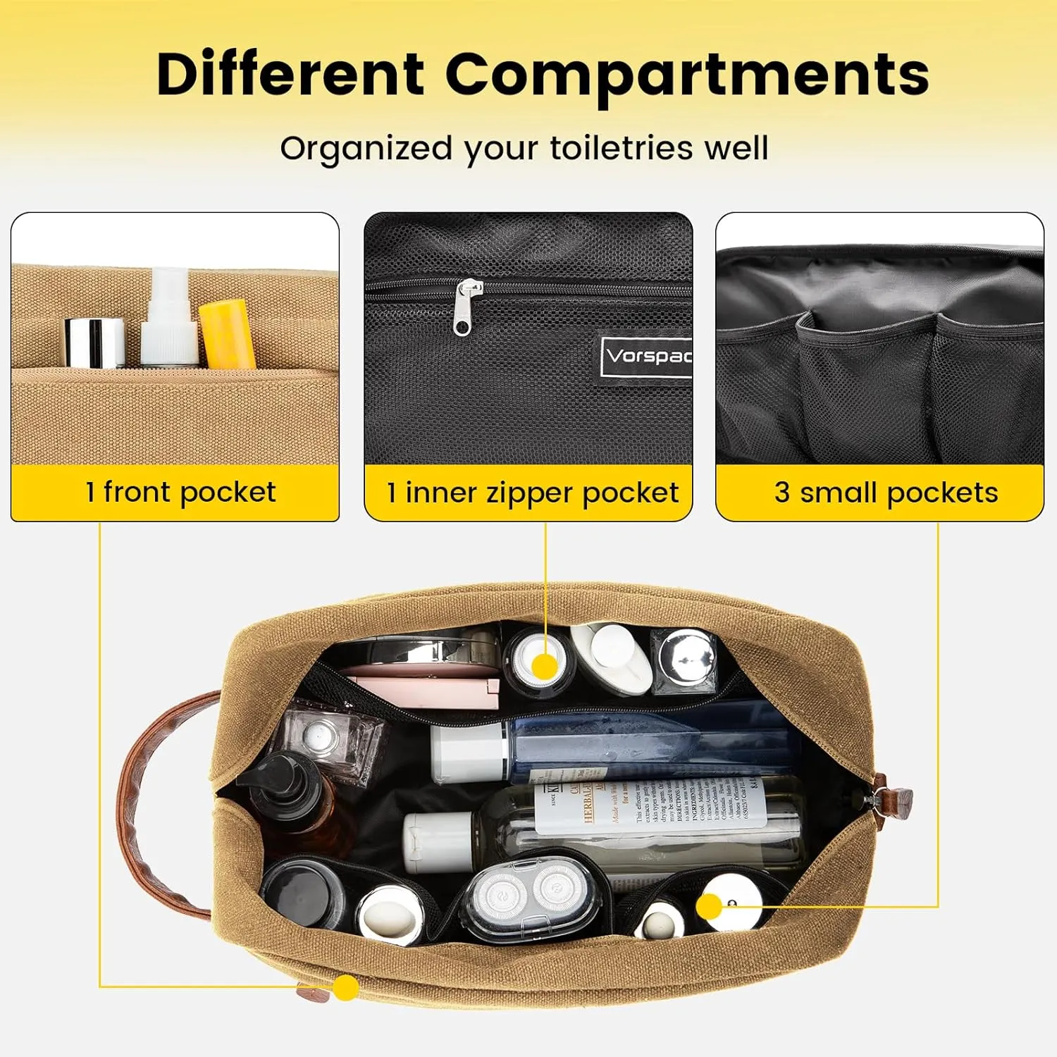 Vorspack Toiletry Bag Hanging Dopp Kit for Men Water Resistant Canvas Shaving Bag with Large Capacity for Travel - Brown
