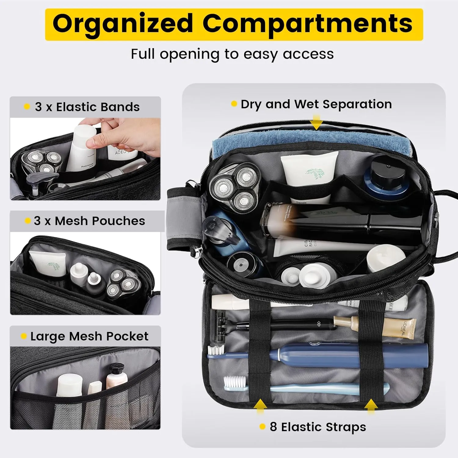 Vorspack Travel Toiletry Bag for Men - Water Resistant Mens Toiletry Travel Bag Dopp Kit Shaving Bag for Bathroom Toiletries Gifts - Black
