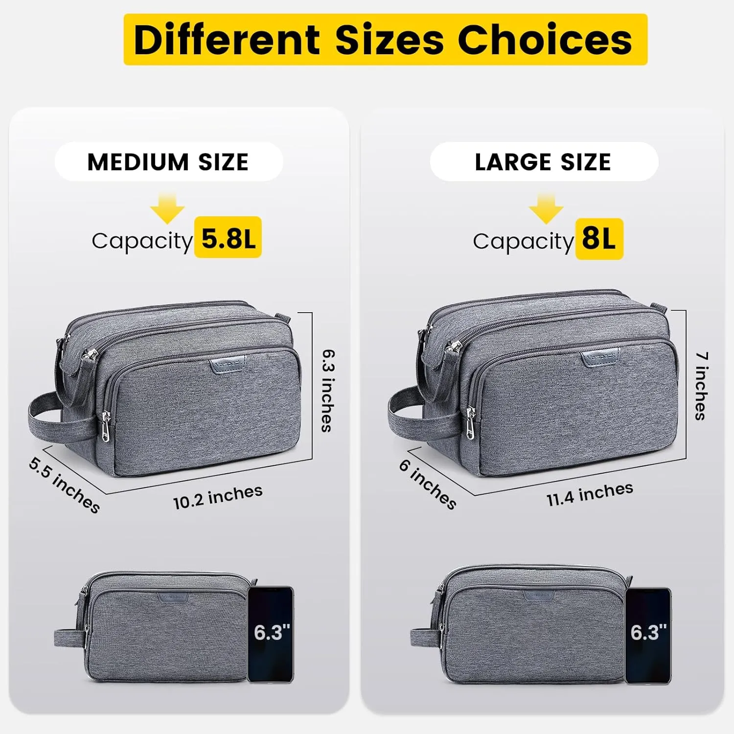 Vorspack Travel Toiletry Bag for Men - Water Resistant Mens Toiletry Travel Bag Dopp Kit Shaving Bag for Bathroom Toiletries Gifts - Grey