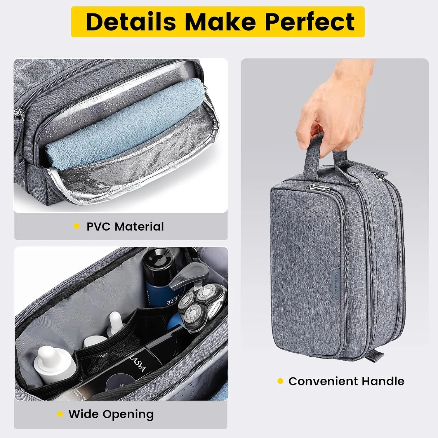 Vorspack Travel Toiletry Bag for Men - Water Resistant Mens Toiletry Travel Bag Dopp Kit Shaving Bag for Bathroom Toiletries Gifts - Grey