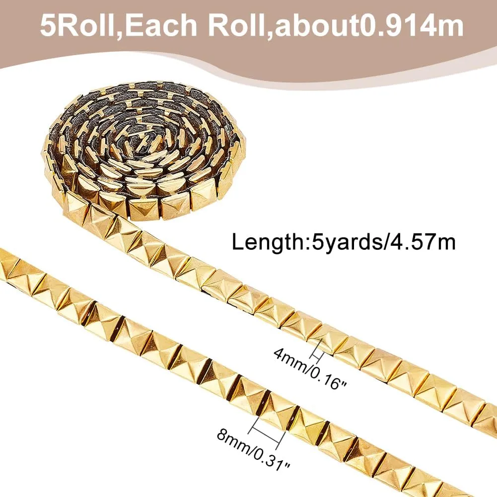 WADORN 5 Yards 8mm Hot Fix Nailhead Trim - Stainless Steel Square Rivet Studded Applique Nailhead Trim for DIY Purse Handbag Punk Clothing Shoes Belt Decoration, Gold