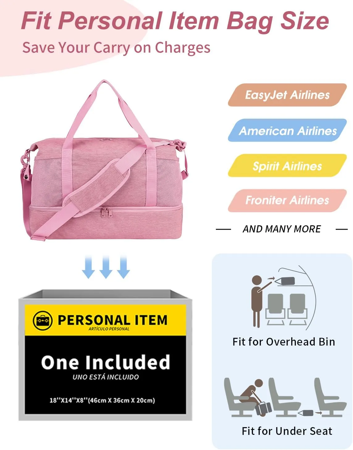 Wandering Nature For Spirit Airlines Personal Item Bag 18x14x8 Travel Duffel Bag Underseat Carry on Luggage with Shoe Compartment Wet Pocke Toiletry Pouch for Women Men Patent Pending