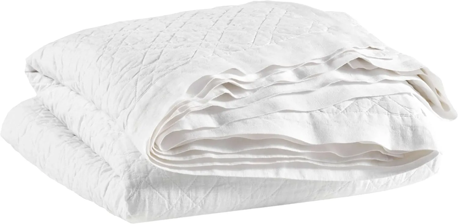 Washed Linen White Quilt, King Size, White Solid Pattern