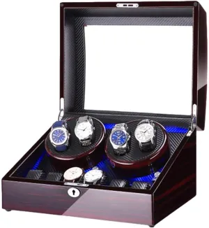 Watch Winder Box for 4 Automatic Watch   6 Storage Space with Blue Led Light Piano Paint Finish Dual Power Supply,D