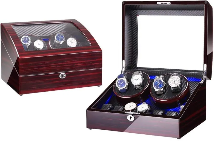 Watch Winder Box for 4 Automatic Watch   6 Storage Space with Blue Led Light Piano Paint Finish Dual Power Supply,D