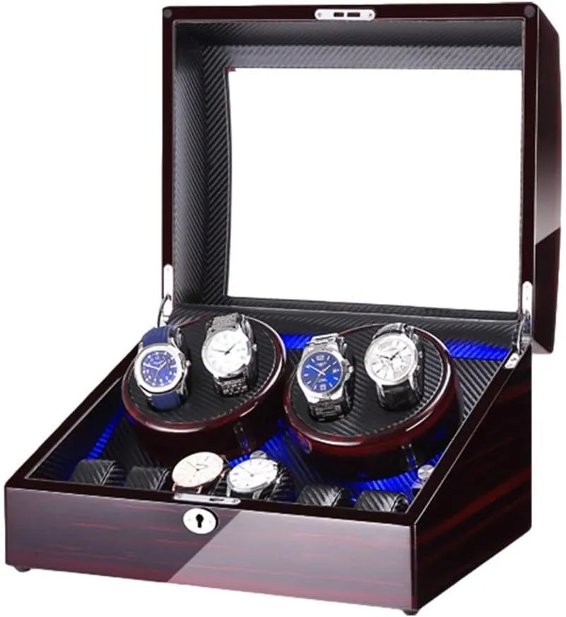Watch Winder Box for 4 Automatic Watch   6 Storage Space with Blue Led Light Piano Paint Finish Dual Power Supply,D