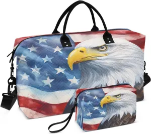 Watercolor Hawk America Flag Sports Gym Bag for Women Men Travel Duffel Bag Weekend Overnight Carry on Bag with Toiletry Bag Air Travel Bag for Workout Swimming Yoga Plane Hospital