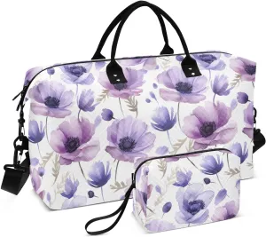 Watercolor Purple Anemone Flower Travel Duffle Bag Duffel Bags Carry On Overnight Bag Large Weekender Duffle Bags Gym Bag with Toiletry Bag Hospital Bag for Yoga Women Airplanes Men Adults Trip Sports