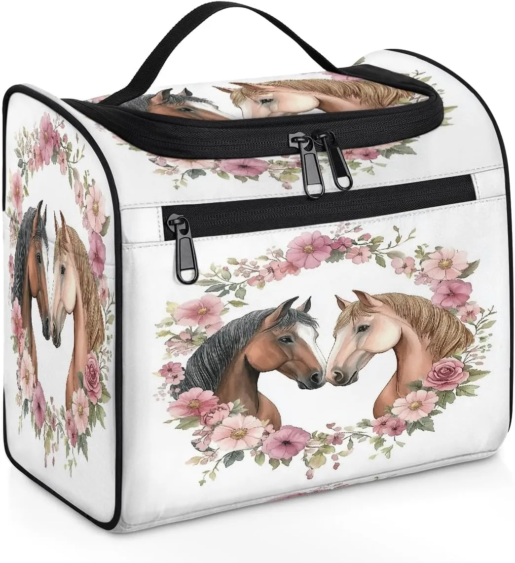 Waterproof Hanging Toiletry Bag for Women and Men, Horse Couple Flowers Valentine's Day Theme Travel Cosmetic Bag Bathroom Storage Bag Hygiene kit