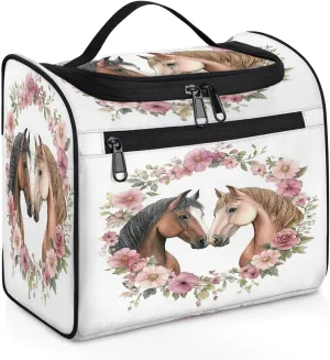 Waterproof Hanging Toiletry Bag for Women and Men, Horse Couple Flowers Valentine's Day Theme Travel Cosmetic Bag Bathroom Storage Bag Hygiene kit