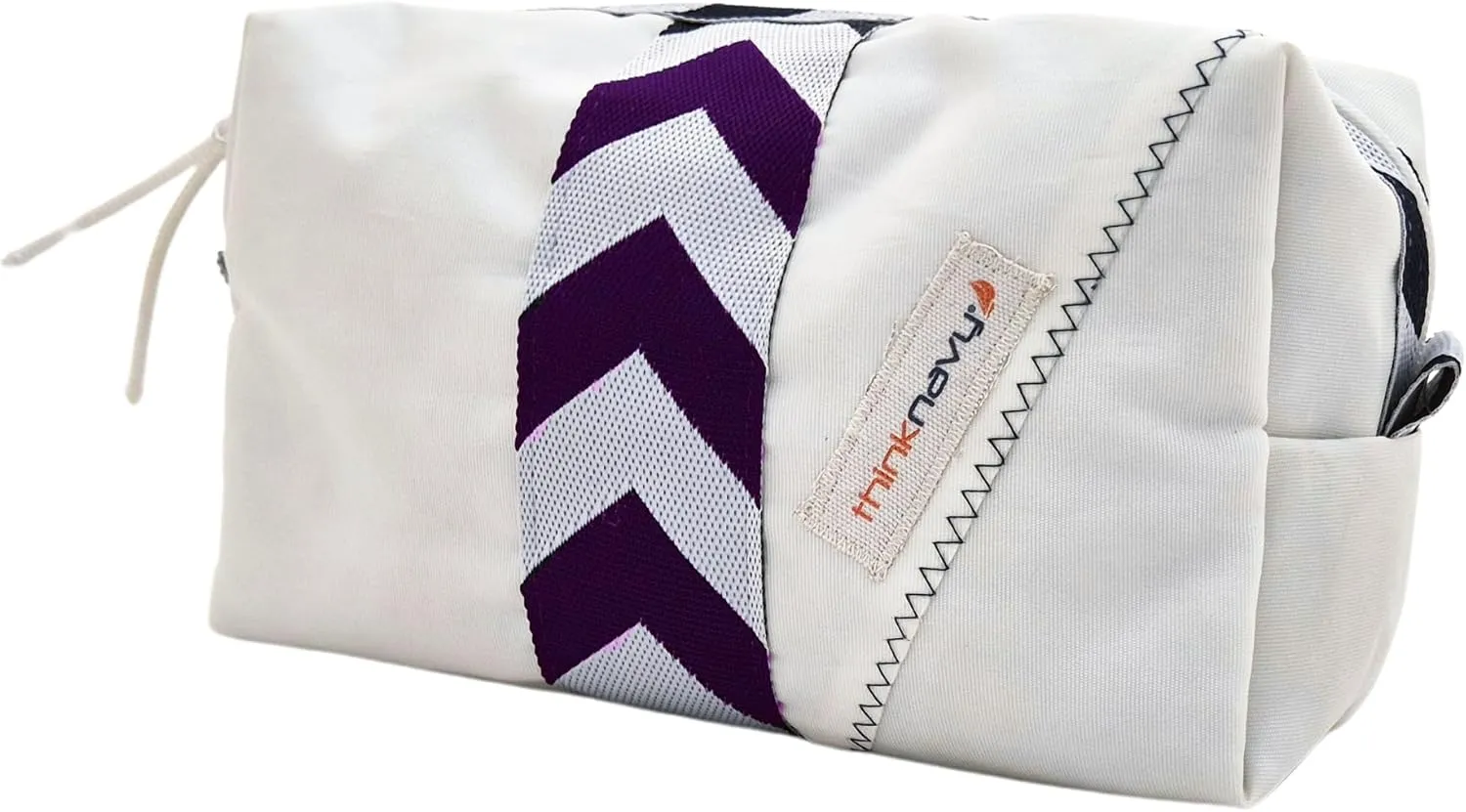 Waterproof Sailcloth Toiletry Bag, Travel Cosmetic Case, White with Dark Navy Chevron Pattern