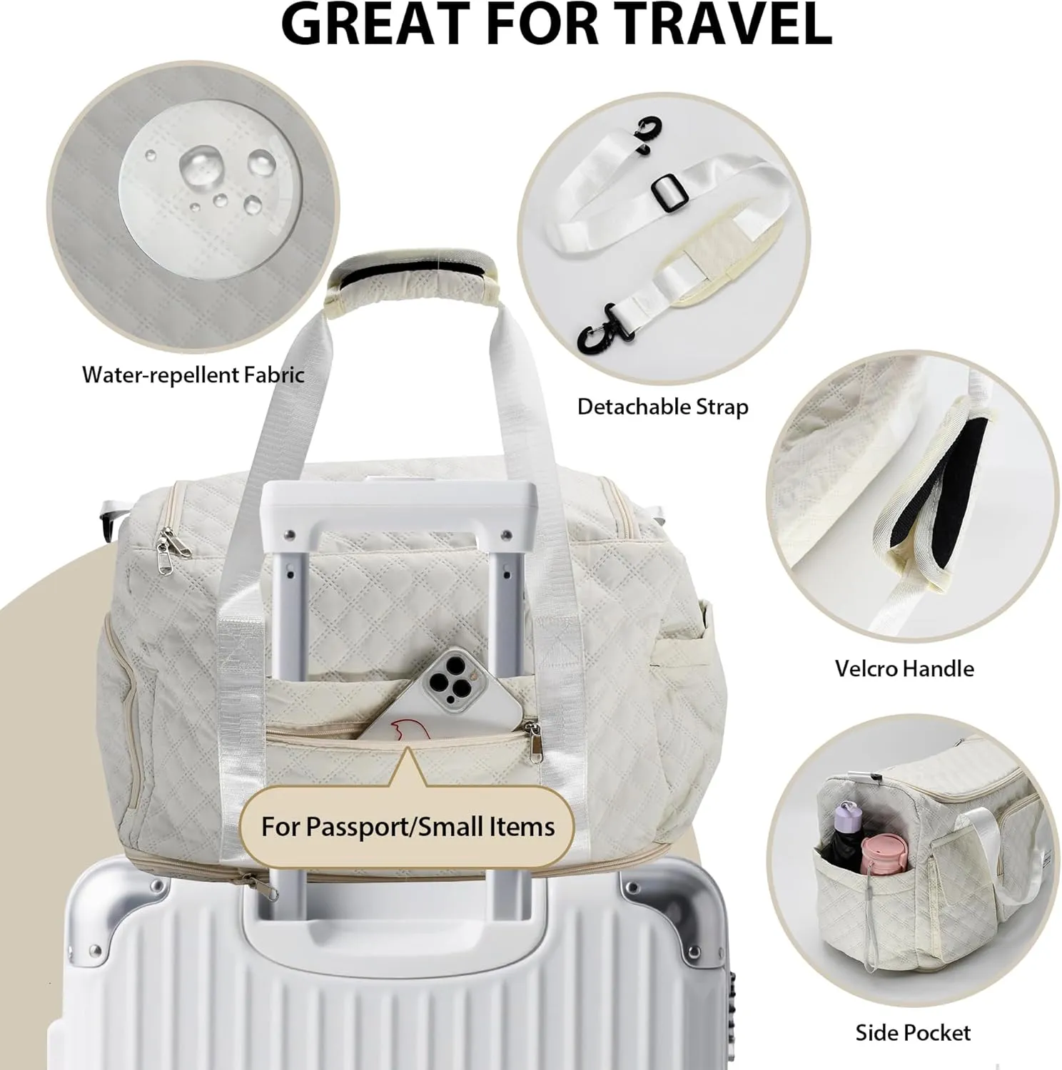 Waterproof Travel Duffel Bag, Weekender/Overnight Bag with Toiletry & Shoes Compartment, Quilted Carry-on Hospital Labor Bag (Beige)
