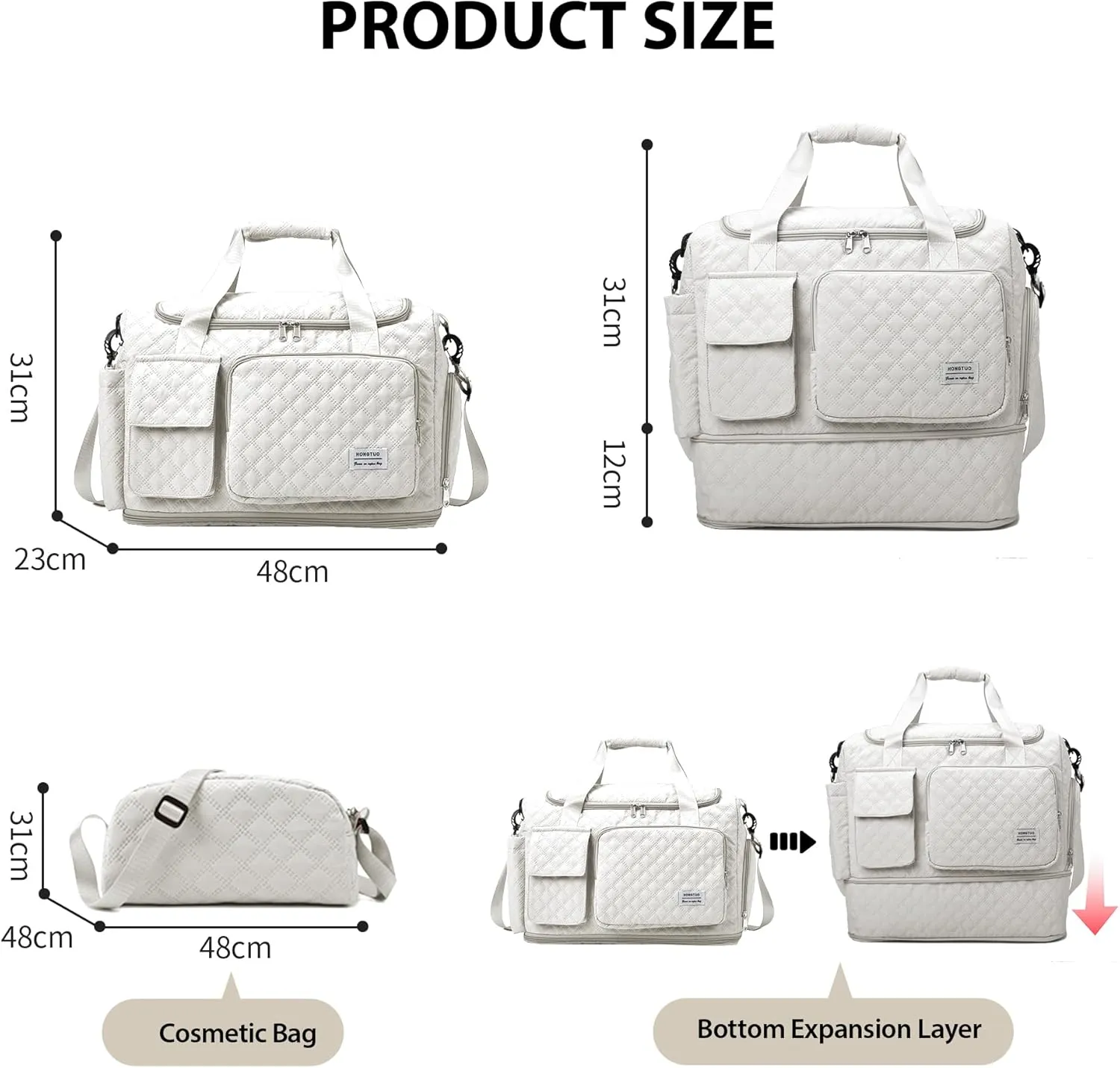 Waterproof Travel Duffel Bag, Weekender/Overnight Bag with Toiletry & Shoes Compartment, Quilted Carry-on Hospital Labor Bag (Beige)