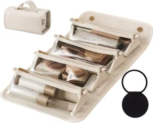 Waterproof Travel Toiletry Bag Detachable 4 in 1 Compartment Roll Up Makeup Bag Hanging Travel Organizer Cosmetic Bag for women men (Beige)