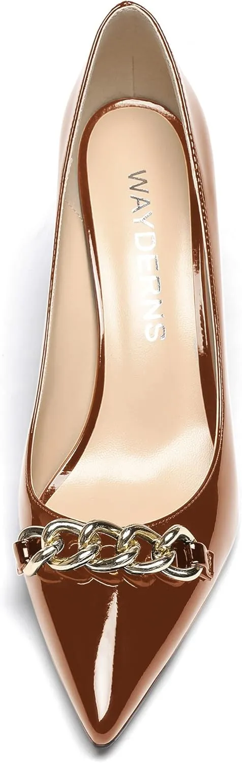 WAYDERNS Women's Gold Metal Chain Patent Pointed Toe Slip On Stiletto High Heel Pumps Shoes 3.5 Inch
