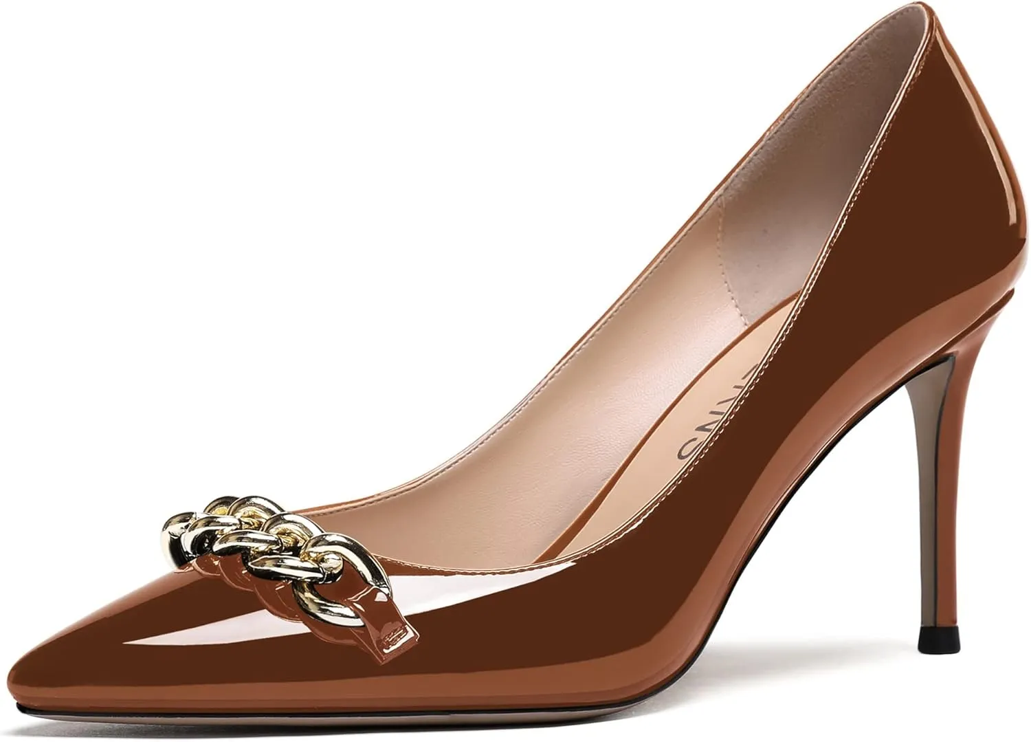 WAYDERNS Women's Gold Metal Chain Patent Pointed Toe Slip On Stiletto High Heel Pumps Shoes 3.5 Inch