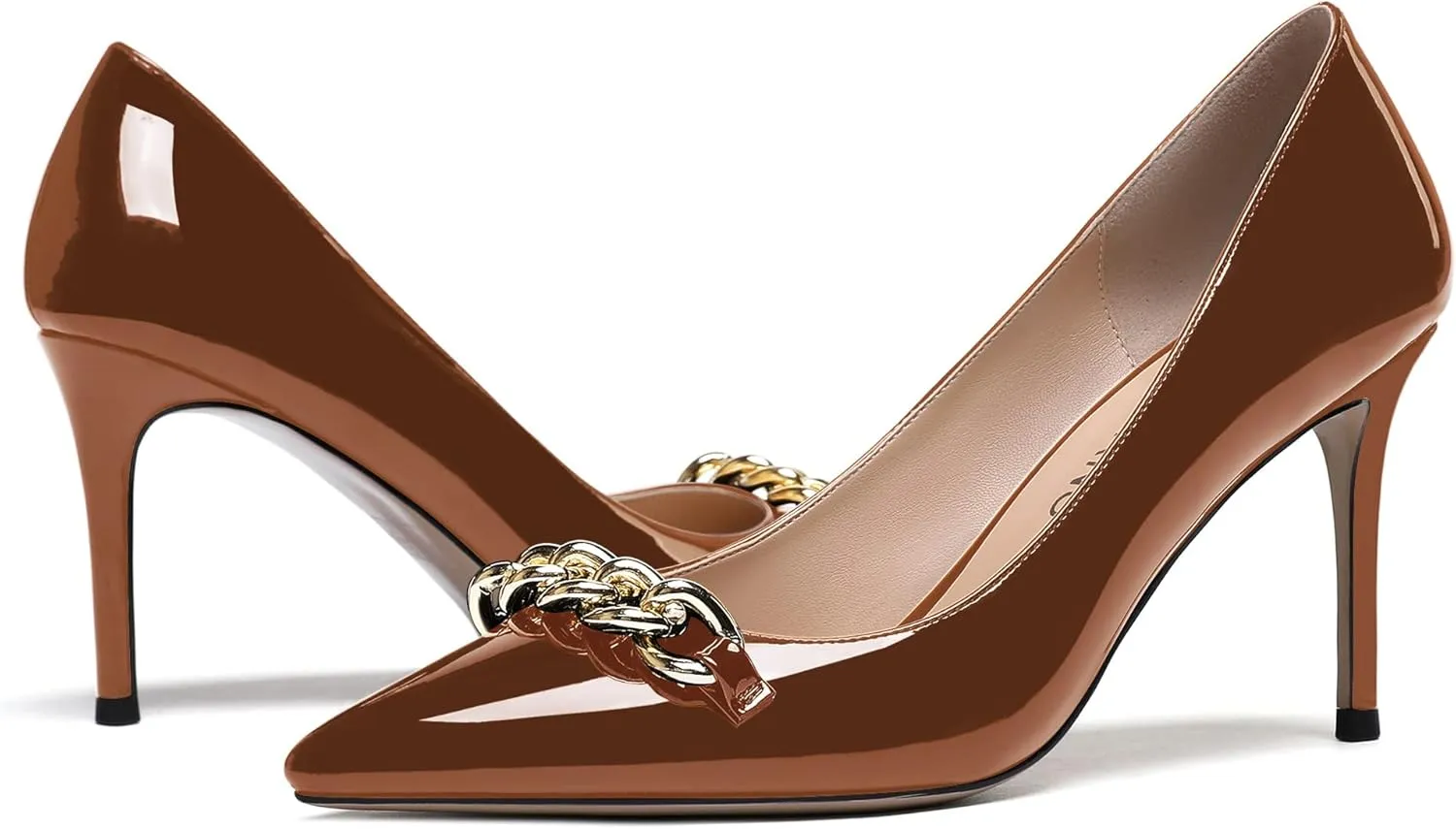 WAYDERNS Women's Gold Metal Chain Patent Pointed Toe Slip On Stiletto High Heel Pumps Shoes 3.5 Inch
