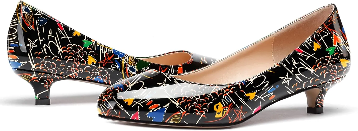 WAYDERNS Women's Patent Round Toe Slip On Low Kitten Heel Pumps Offress Work Dress Shoes 1.5 Inch