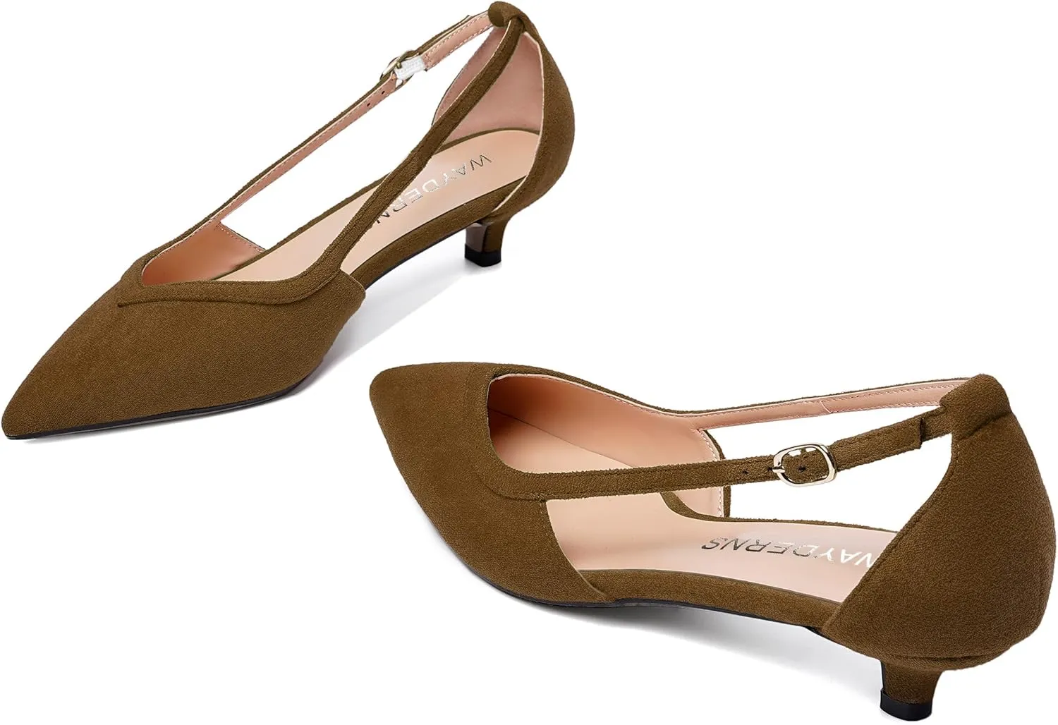 WAYDERNS Womens Pointed Toe Adjustable Strap Dress Wedding Solid Suede Buckle Kitten Low Heel Pumps Shoes 1.5 Inch