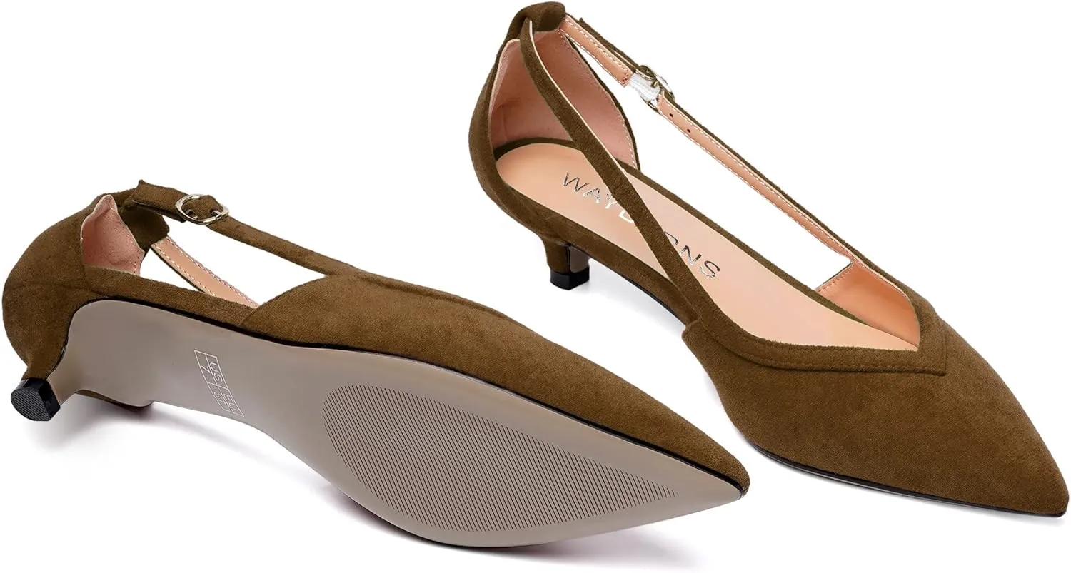 WAYDERNS Womens Pointed Toe Adjustable Strap Dress Wedding Solid Suede Buckle Kitten Low Heel Pumps Shoes 1.5 Inch