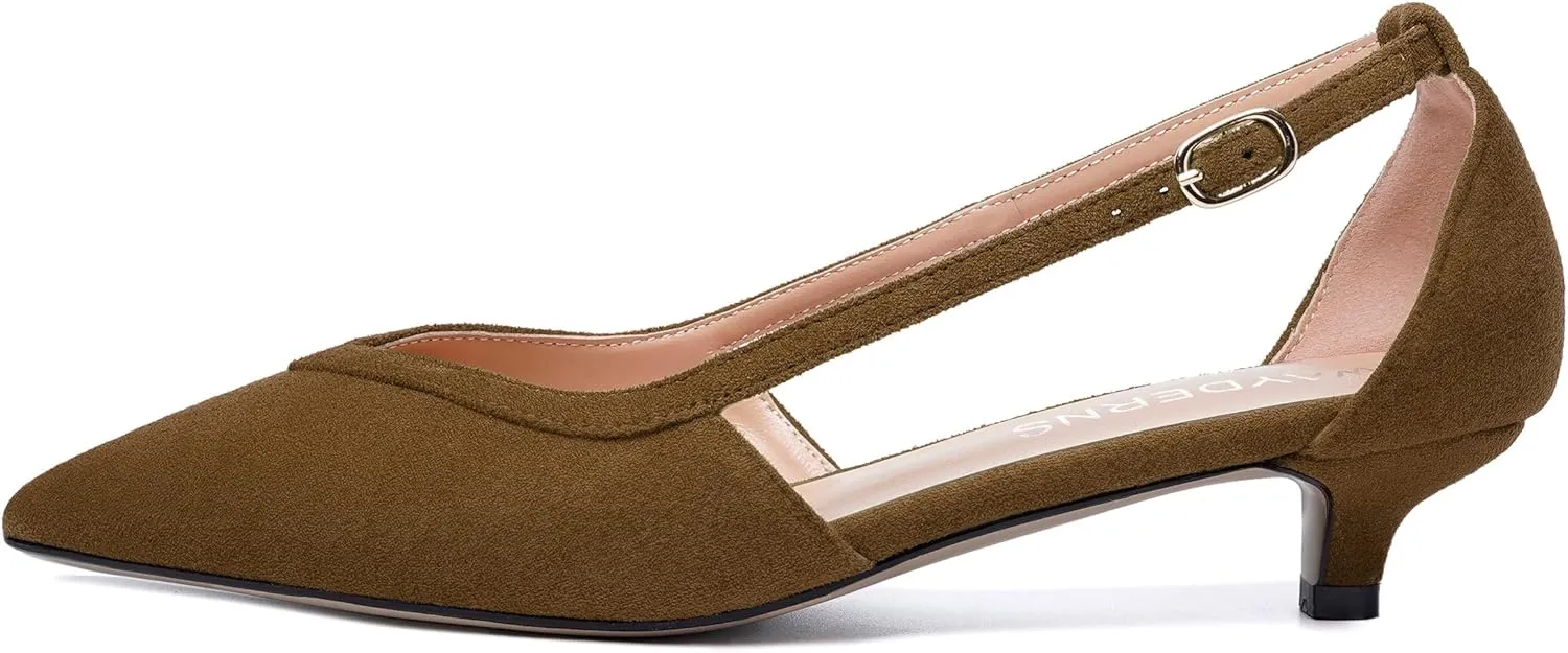WAYDERNS Womens Pointed Toe Adjustable Strap Dress Wedding Solid Suede Buckle Kitten Low Heel Pumps Shoes 1.5 Inch