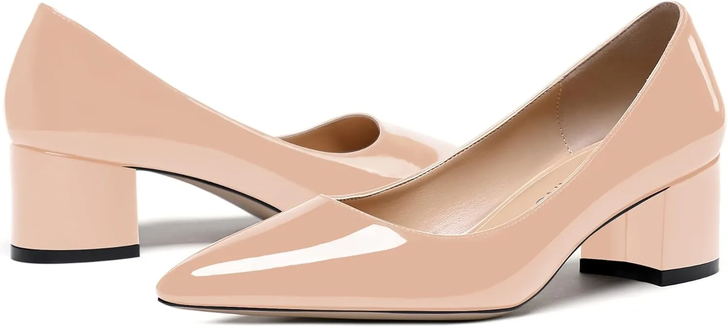 WAYDERNS Women's Pointed Toe Patent Leather Slip On Chunky Low Heel Pumps Office Work Dress Court Shoes 2 Inch